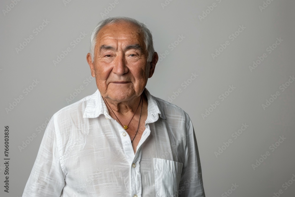 An older man wearing a white shirt and a necklace is smiling An older man wearing a white shirt and a necklace is smiling