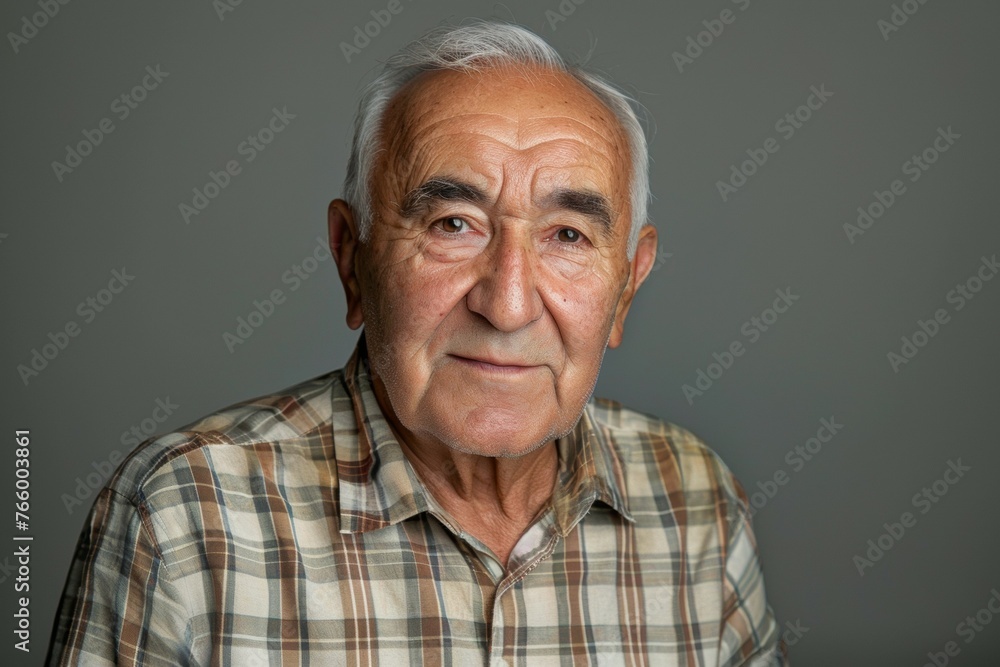 An older man with a plaid shirt and a beard is smiling An older man with a plaid shirt and a beard is smiling