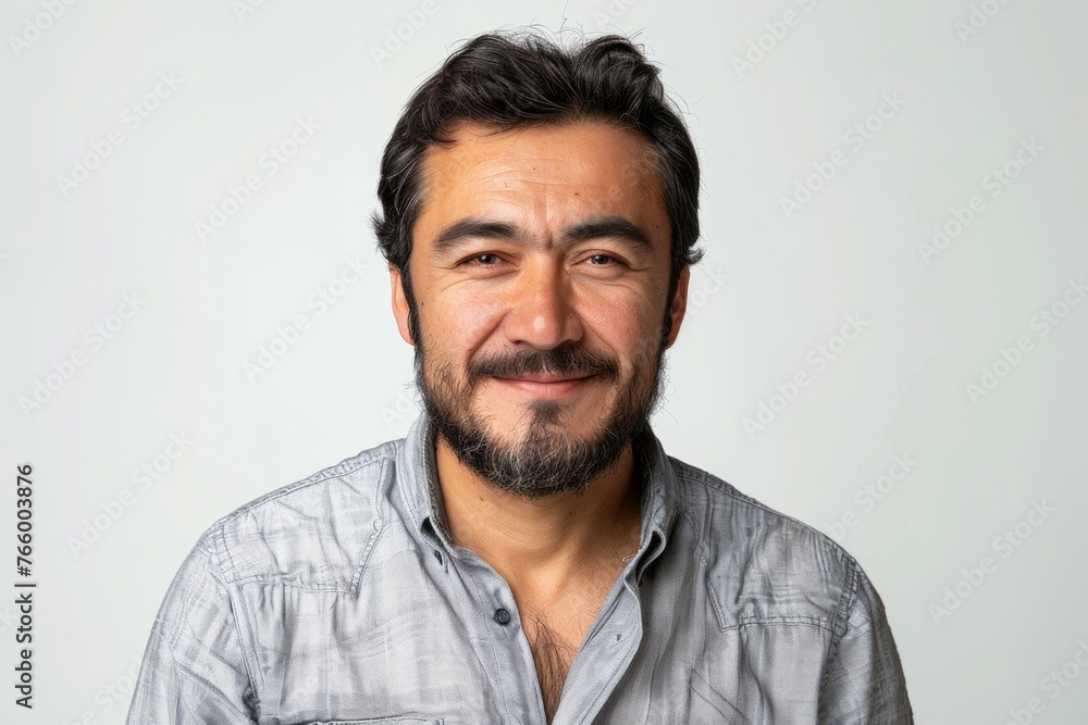A man with a beard and mustache is smiling for the camera A man with a beard and mustache is smiling for the camera