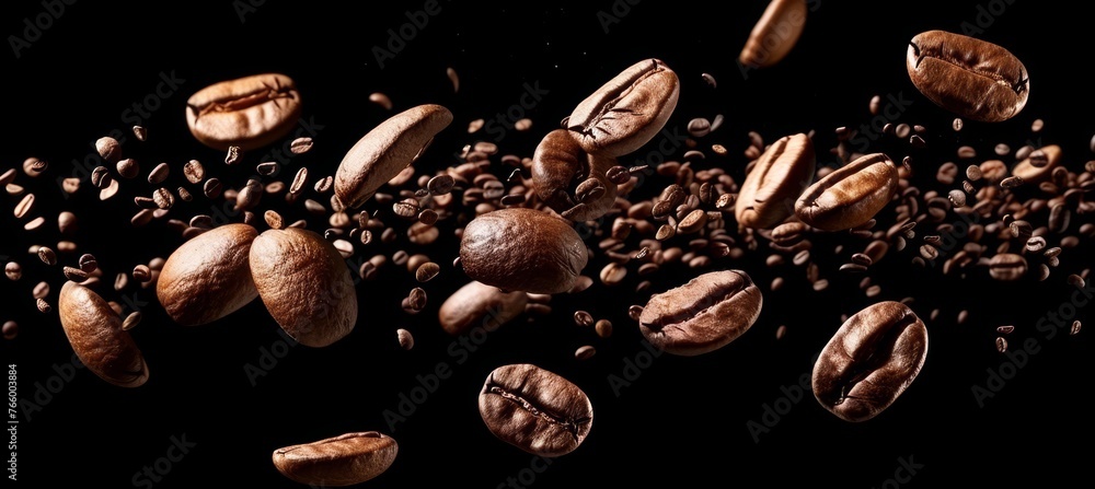Levitating roasted coffee beans on black background a dynamic display of falling coffee beans Levitating roasted coffee beans on black background a dynamic display of falling coffee beans