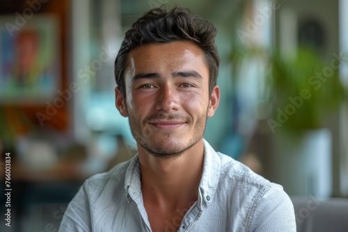 A man with a beard and a white shirt is smiling