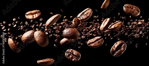 Levitating roasted coffee beans on black background  a dynamic display of falling coffee beans