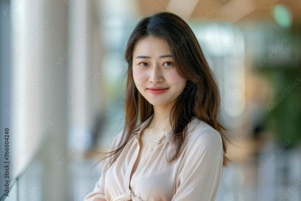 A woman with long hair and a white shirt is smiling for the camera A woman with long hair and a white shirt is smiling for the camera