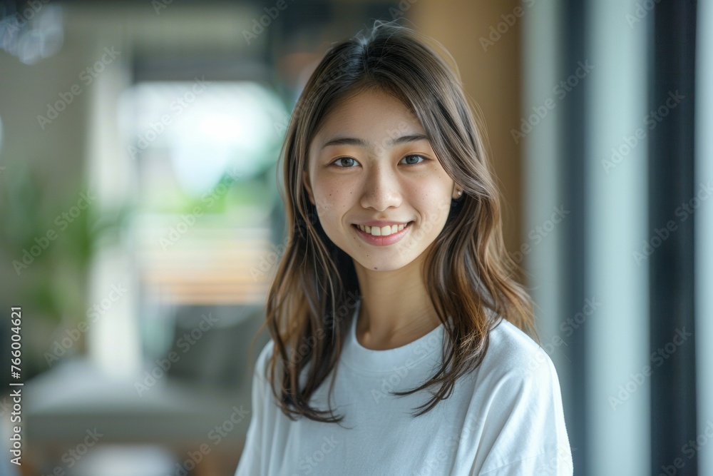 A woman with long brown hair is smiling at the camera A woman with long brown hair is smiling at the camera
