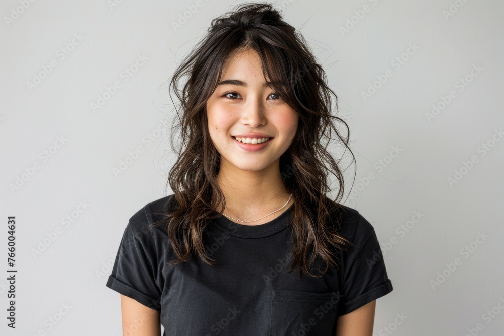 A woman with long hair is smiling and wearing a black shirt A woman with long hair is smiling and wearing a black shirt