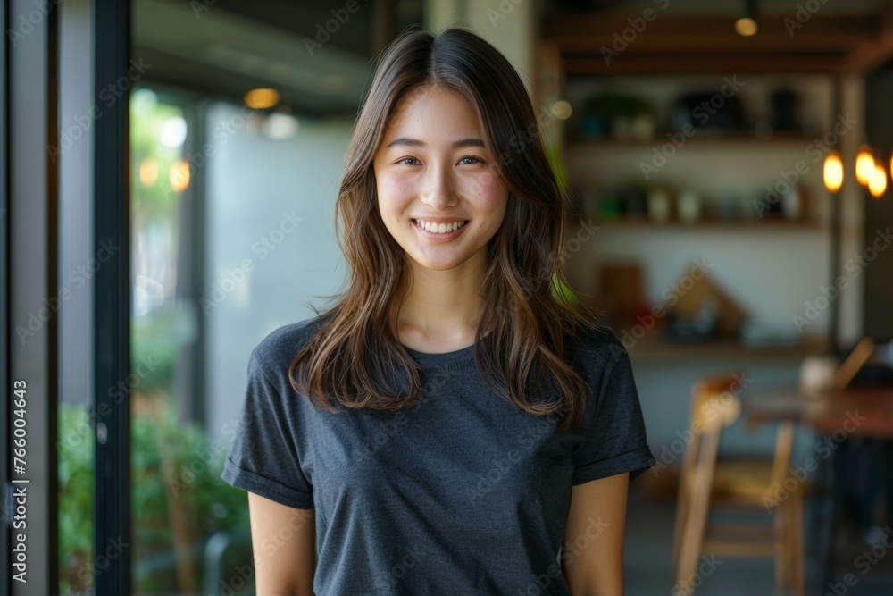 A woman with long hair is smiling and wearing a black shirt A woman with long hair is smiling and wearing a black shirt
