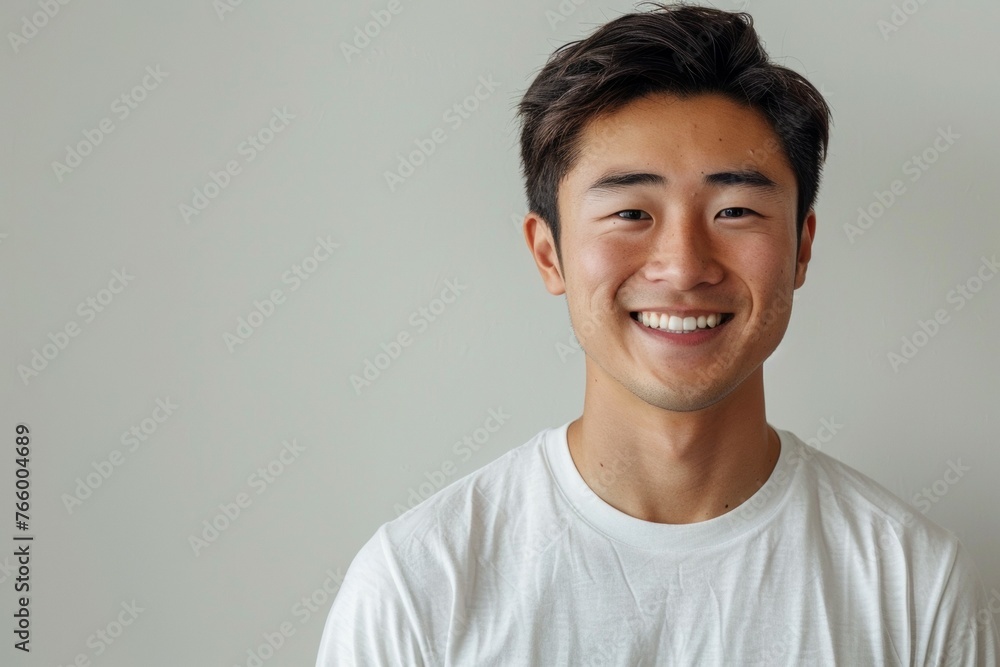 A young man with a white shirt and short hair is smiling A young man with a white shirt and short hair is smiling