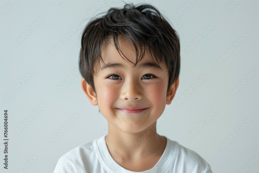 A young boy with short hair and a white shirt is smiling A young boy with short hair and a white shirt is smiling