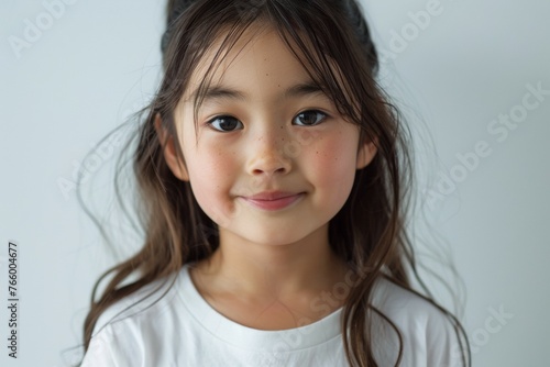 A young girl with long brown hair and a white shirt is smiling