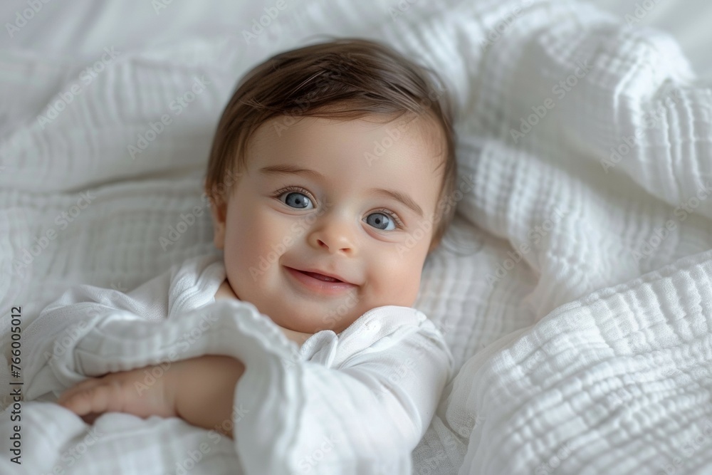 A baby is smiling and laying on a white blanket A baby is smiling and laying on a white blanket