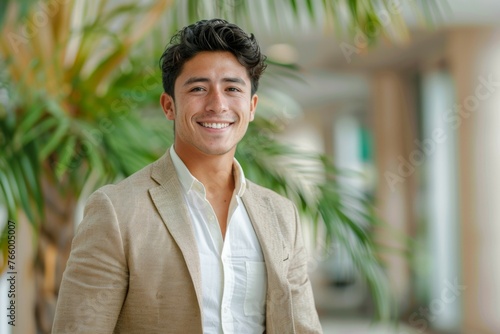 A man in a tan jacket and white shirt is smiling for the camera