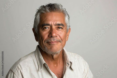 A man with a white shirt and gray hair is smiling