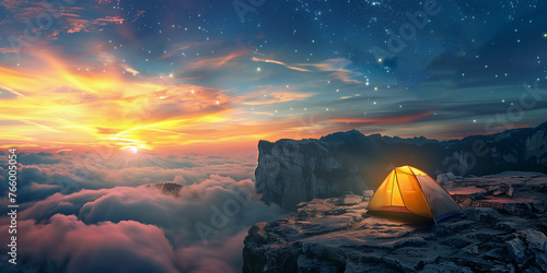 person camping on the edge of rock cliff above the sea of clouds at morning with stars in the sky