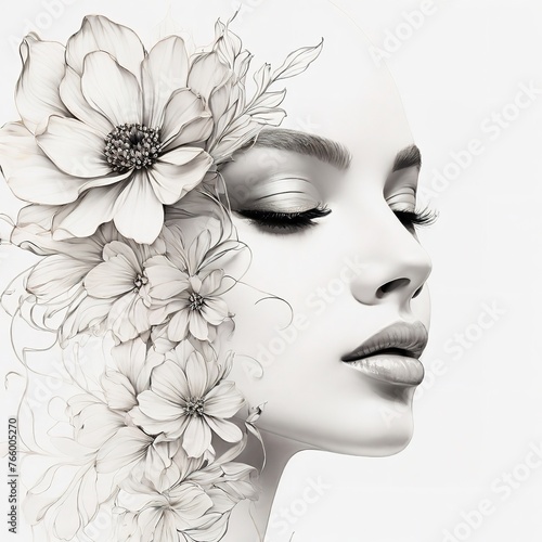 Abstract female face in one line. Woman face with flowers Surreal Line art female floral girl. Minimalism Abstract modern Continuous single line woman face portrait 