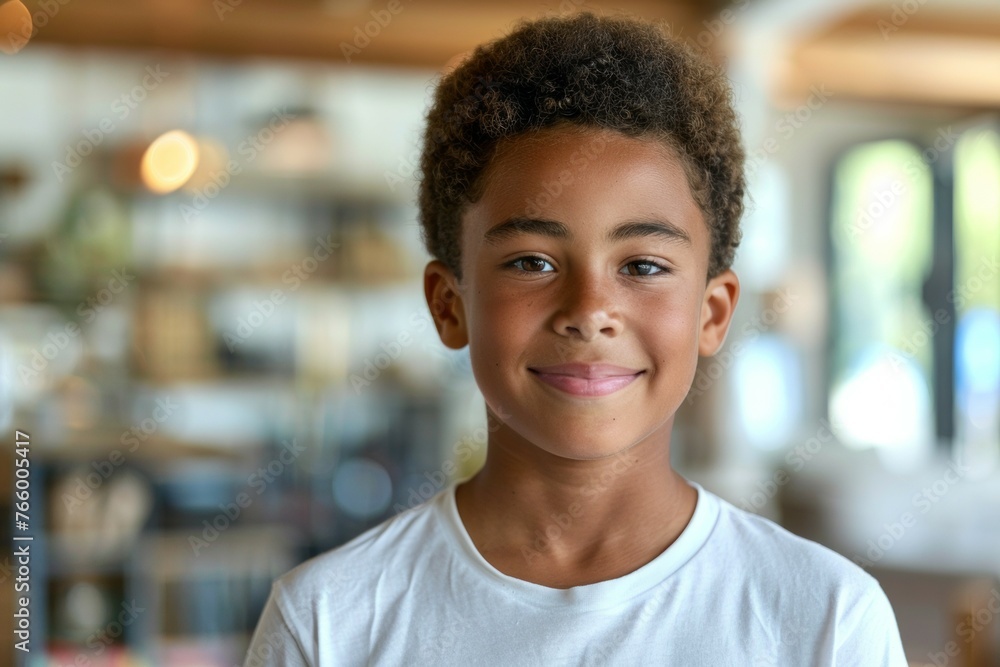 A young boy with a white shirt and short hair is smiling A young boy with a white shirt and short hair is smiling