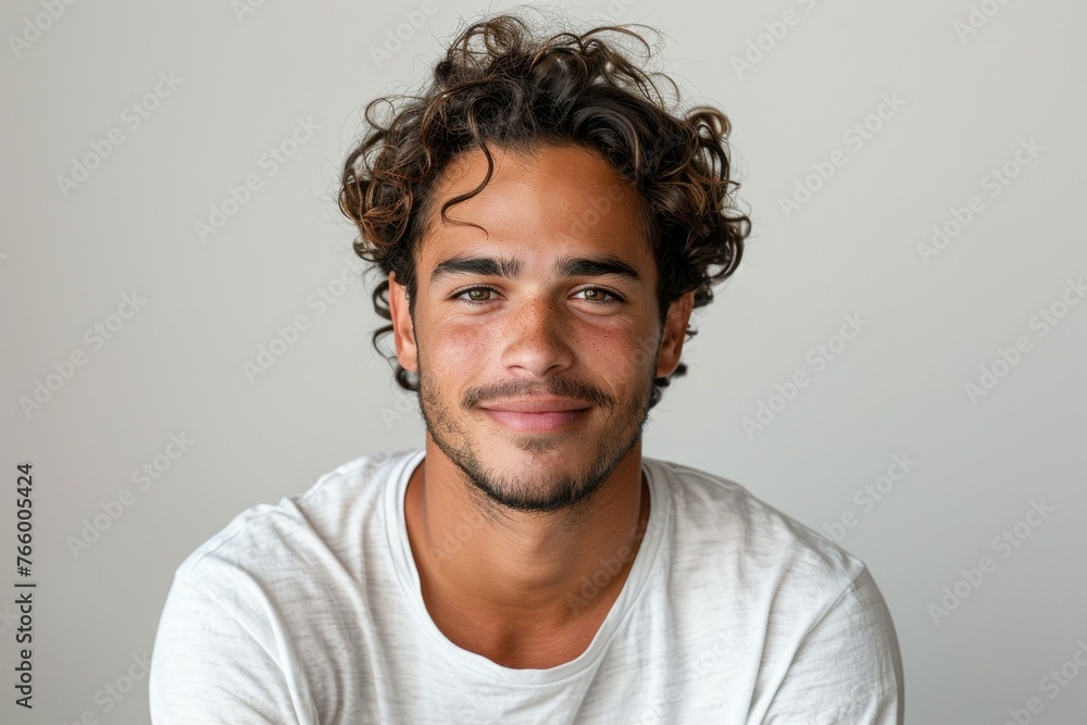 A man with a beard and curly hair is smiling for the camera A man with a beard and curly hair is smiling for the camera