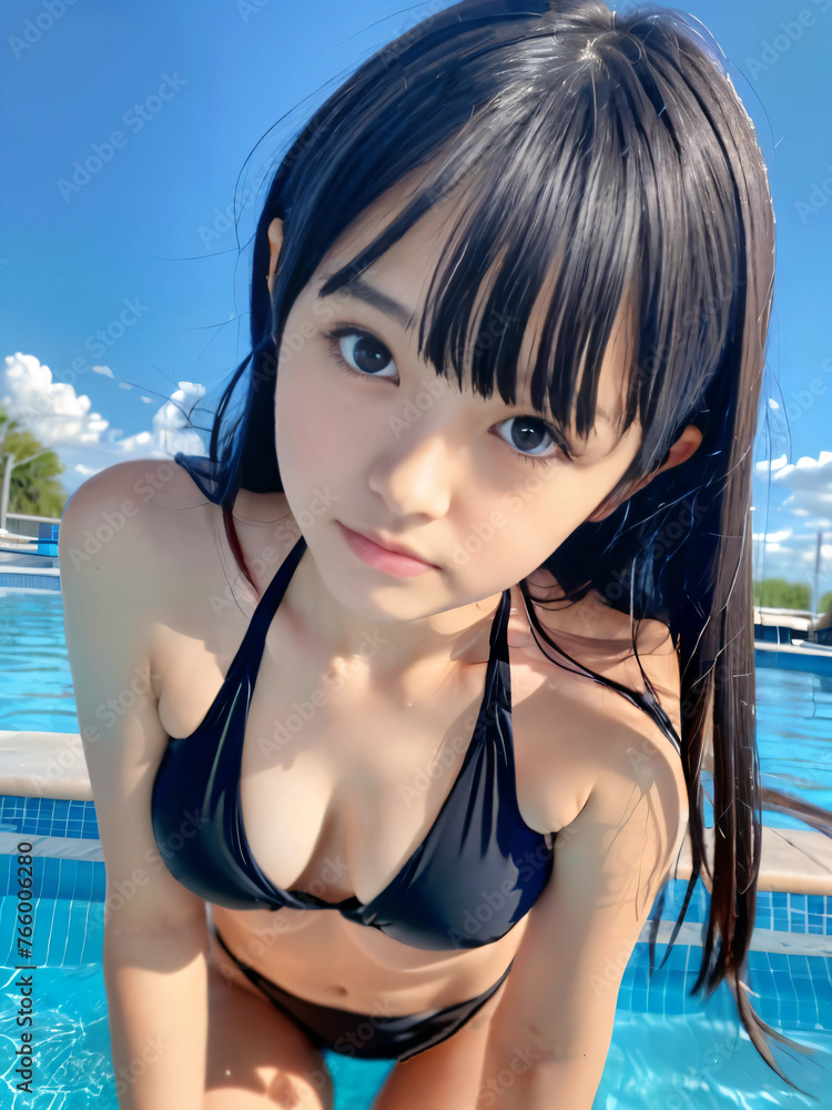 青空のプールサイドでビキニの水着を着た若い女性 青空のプールサイドでビキニの水着を着た若い女性