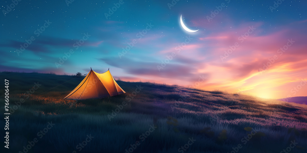 Person camping with yellow tent on the green field hill at sunrse with  moon 