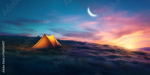 Person camping with yellow tent on the green field hill at sunrse with moon 