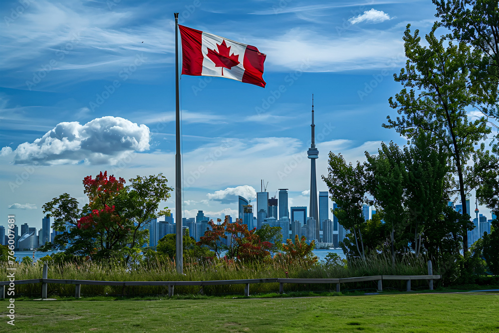 Fototapeta premium Canada Flag Waving. Toronto Skyline in the Background.