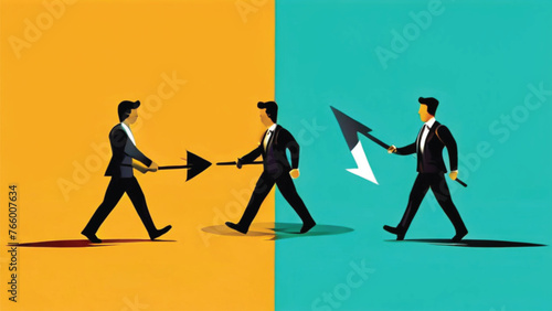 Different individual way, different business direction or team conflict, opposite decision, contrast or disagreement, Holding arrow running in opposite position
