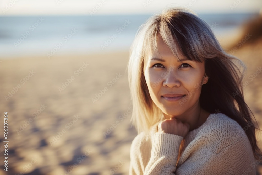 portrait of good-looking middle-aged woman sitting on sandy beach enjoying sunlight, looking at camera. weekend, autumn. portrait of good-looking middle-aged woman sitting on sandy beach enjoying sunlight, looking at camera. weekend, autumn.