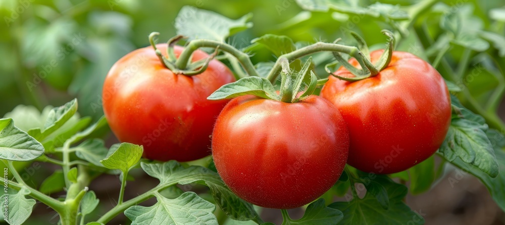 Organic ripe tomatoes flourishing on healthy vines in controlled greenhouse environment
