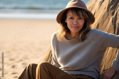 portrait of good-looking middle-aged woman sitting on sandy beach enjoying sunlight, looking at camera. weekend, autumn.