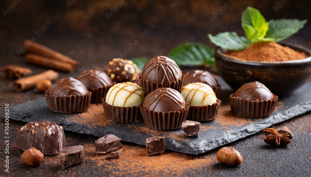 Decadent Delights: Chocolate Pralines Arranged on a Dark Chocolate Background Decadent Delights: Chocolate Pralines Arranged on a Dark Chocolate Background