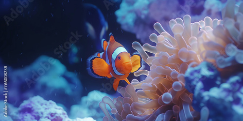 Clown fish playing in pink coral under water © Maizal