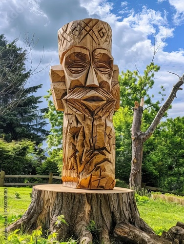a wooden carving of a face on a tree stump