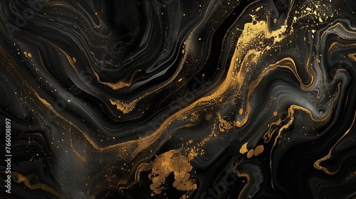 Luxurious golden paint swirls on black background, elegant abstract art, digital illustration
