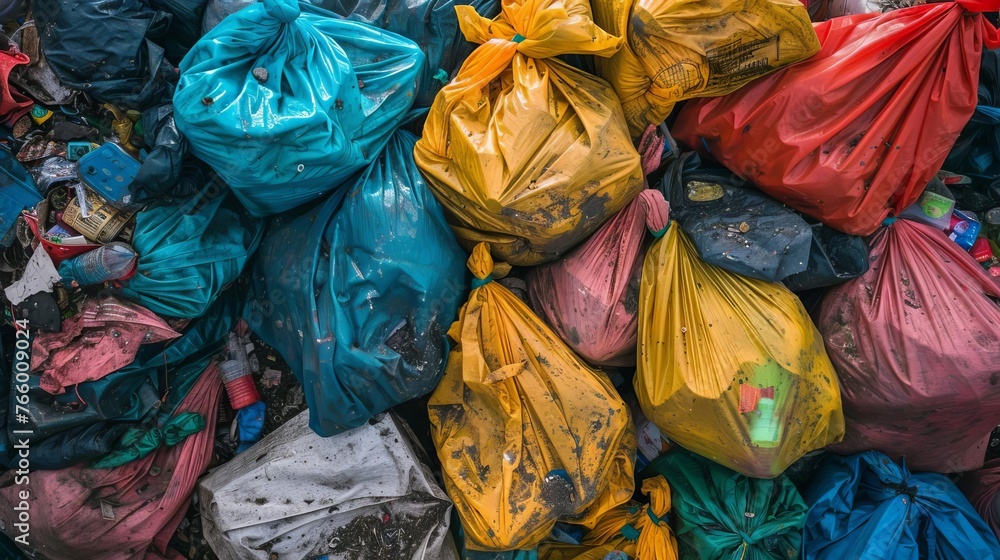 Pile of Colorful Plastic Garbage Bags, Environmental Pollution and Waste Management Concept Photo