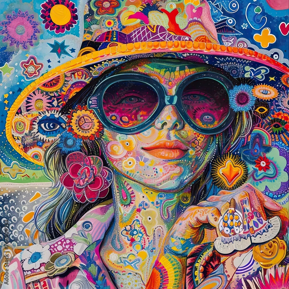 a painting of a woman wearing sunglasses and a hat