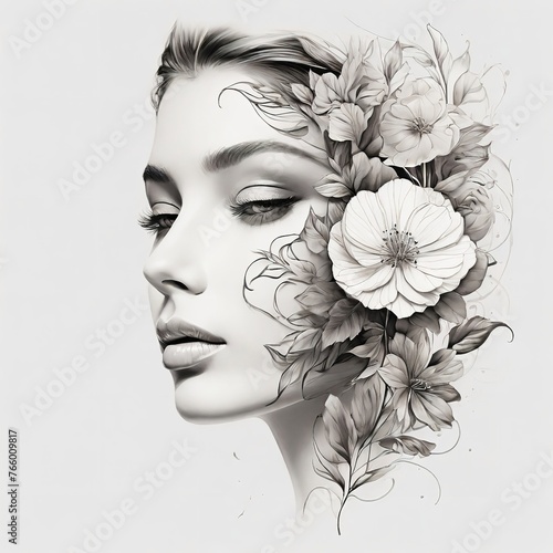 Abstract female face in one line. Woman face with flowers Surreal Line art female floral girl. Minimalism Abstract modern Continuous single line woman face portrait 