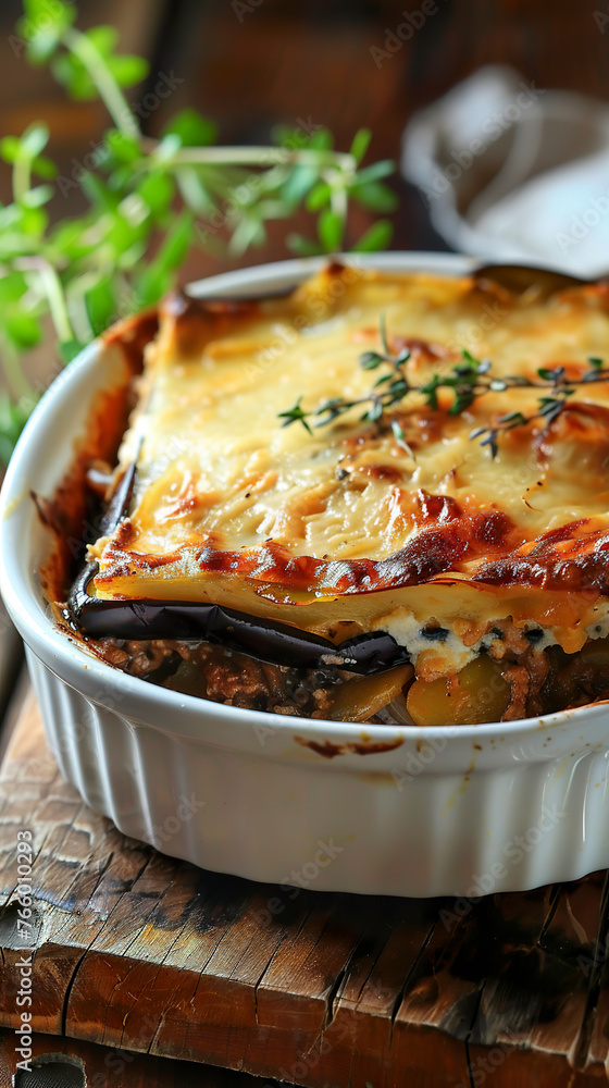 A traditional Greek moussaka with layers of eggplant, potatoes and minced lamb in a rustic kitchen. Tasty dish with tomato sauce from the Greek culinary tradition. A traditional Greek moussaka with layers of eggplant, potatoes and minced lamb in a rustic kitchen. Tasty dish with tomato sauce from the Greek culinary tradition.
