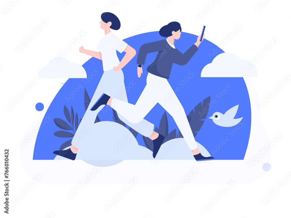 Fototapeta premium People exercising healthy running vector internet operation illustration 