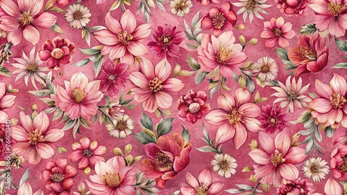 Flower blossom pattern on pink background. Top view 