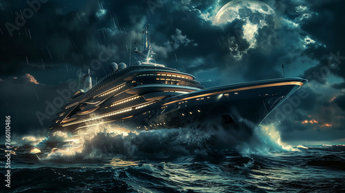 Luxury futuristic cruise ship in the sea with storm and dramatic clouds at night