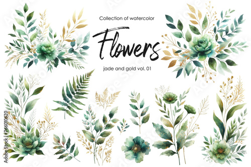set of watercolor flowers and leaves on white background. hand painted flowers, gold and jade flowers witn leaves. wedding invitation, card, greeting card or invitation. vector collection