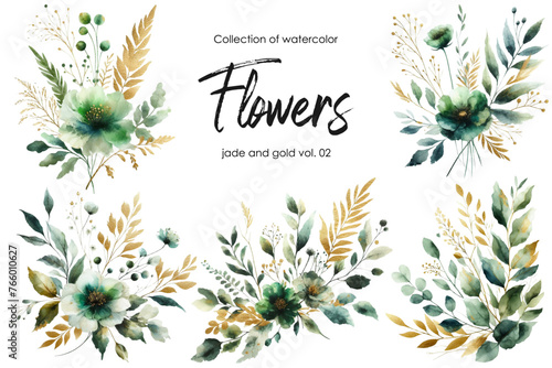 set of watercolor flowers and leaves on white background. hand painted flowers, gold and jade flowers witn leaves. wedding invitation, card, greeting card or invitation. vector collection