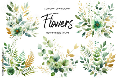 set of watercolor flowers and leaves on white background. hand painted flowers  gold and jade flowers witn leaves. wedding invitation  card  greeting card or invitation. vector collection