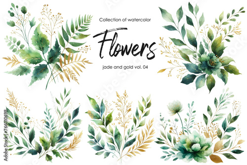 set of watercolor flowers and leaves on white background. hand painted flowers, gold and jade flowers witn leaves. wedding invitation, card, greeting card or invitation. vector collection