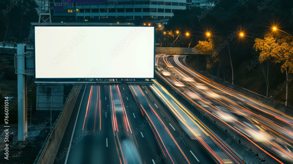 White Blank Illuminated Billboard on Busy Road at Night, Generative AI