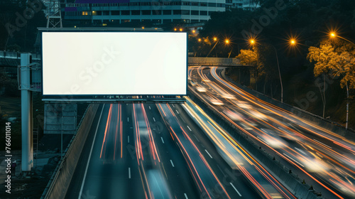 Obraz na płótnie White Blank Illuminated Billboard on Busy Road at Night, Generative AI w salonie