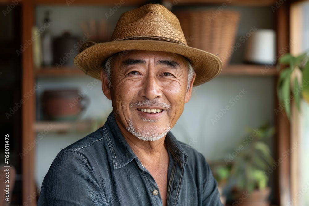 Mature chinese man wearing a hat smiling and looking at home