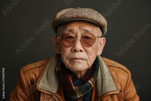Elderly Chinese man looks youthful in studio portrait, wearing trendy clothing and accessorized with sunglasses and a cap.