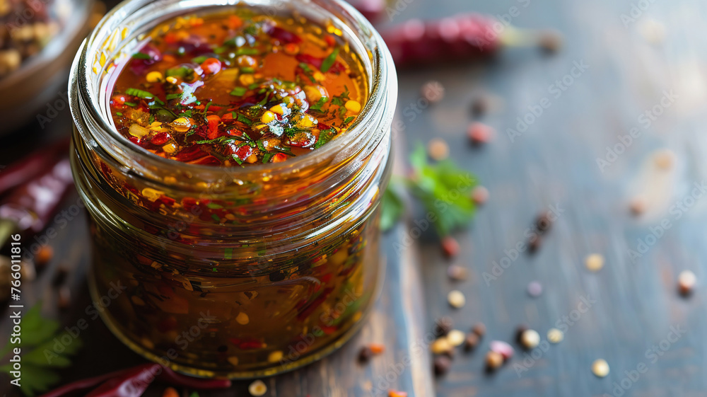 Homemade chili oil in jar on kitchen counter Homemade chili oil in jar on kitchen counter