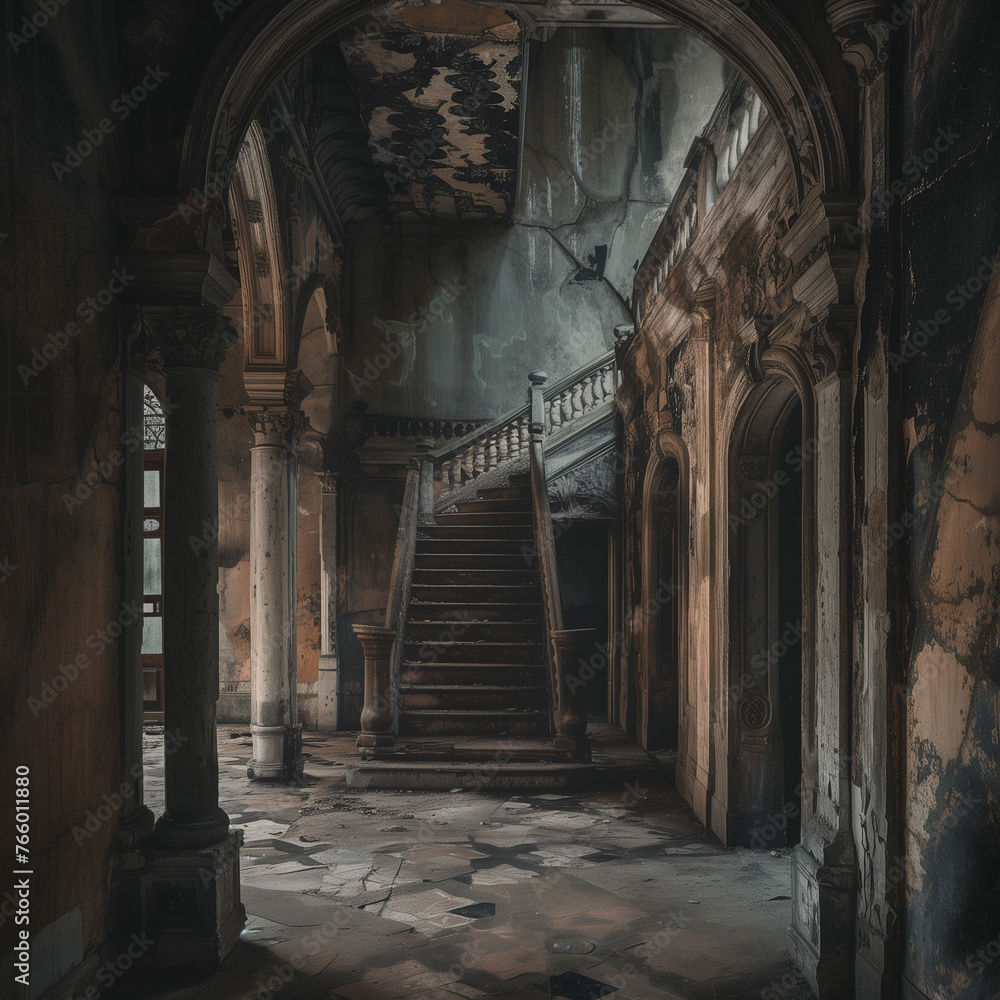 Mysterious Abandoned Mansion Interior with Grand Staircase