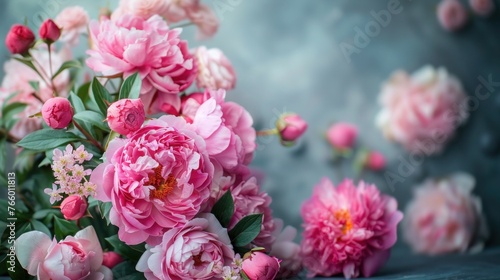 Fresh Pink Peonies and Roses with Copy Space for Elegant Floral Design © hisilly